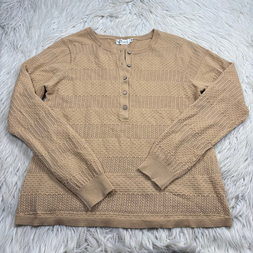 Carve Designs Women's L Tan Pointelle Knit Henley Sweater Coastal Beach Boho